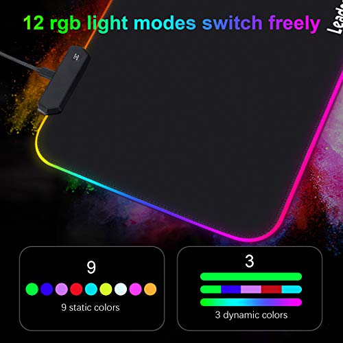 LeadsaiL Alfombrilla de mouse RGB para juegos de 13.8 x 9.8 pulgadas con 12 modos de iluminación, antideslizante, textura premium, impermeable