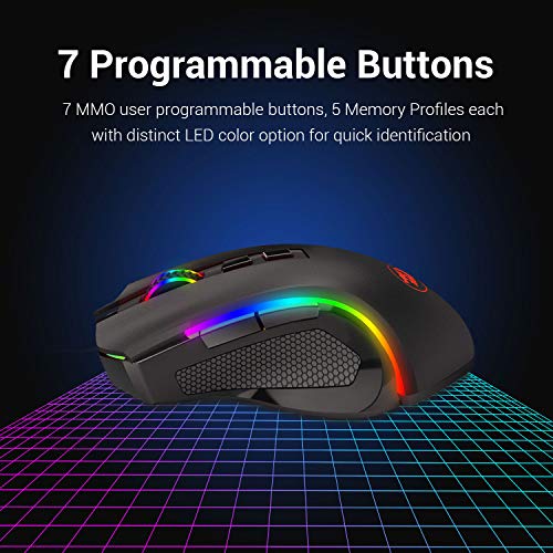 Redragon M602 Griffin RGB, mouse ergonómico retroiluminado de espectro RGB con 7 modos de retroiluminación programables de hasta 7200 DPI para jugadores de PC con Windows (negro, inalámbrico)