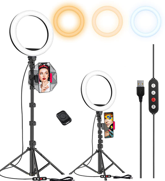 Anillo de Luz para selfie de 10.2" con soporte de trípode ajustable de 65" y Soporte para Teléfono