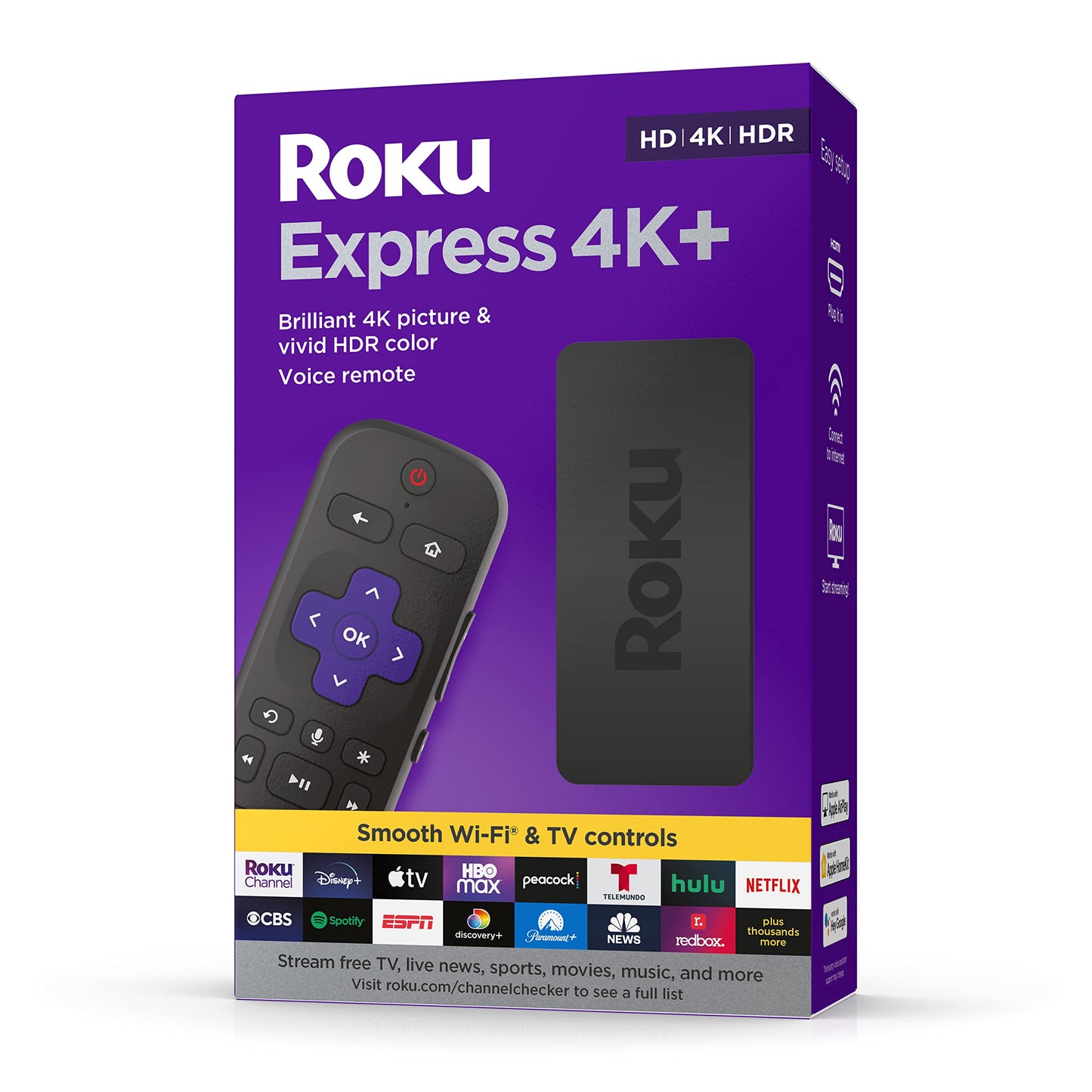 Roku Express 4K+ | Reproductor multimedia de transmisión HD/4K/HDR con transmisión inalámbrica suave y control remoto de voz Roku con controles de TV