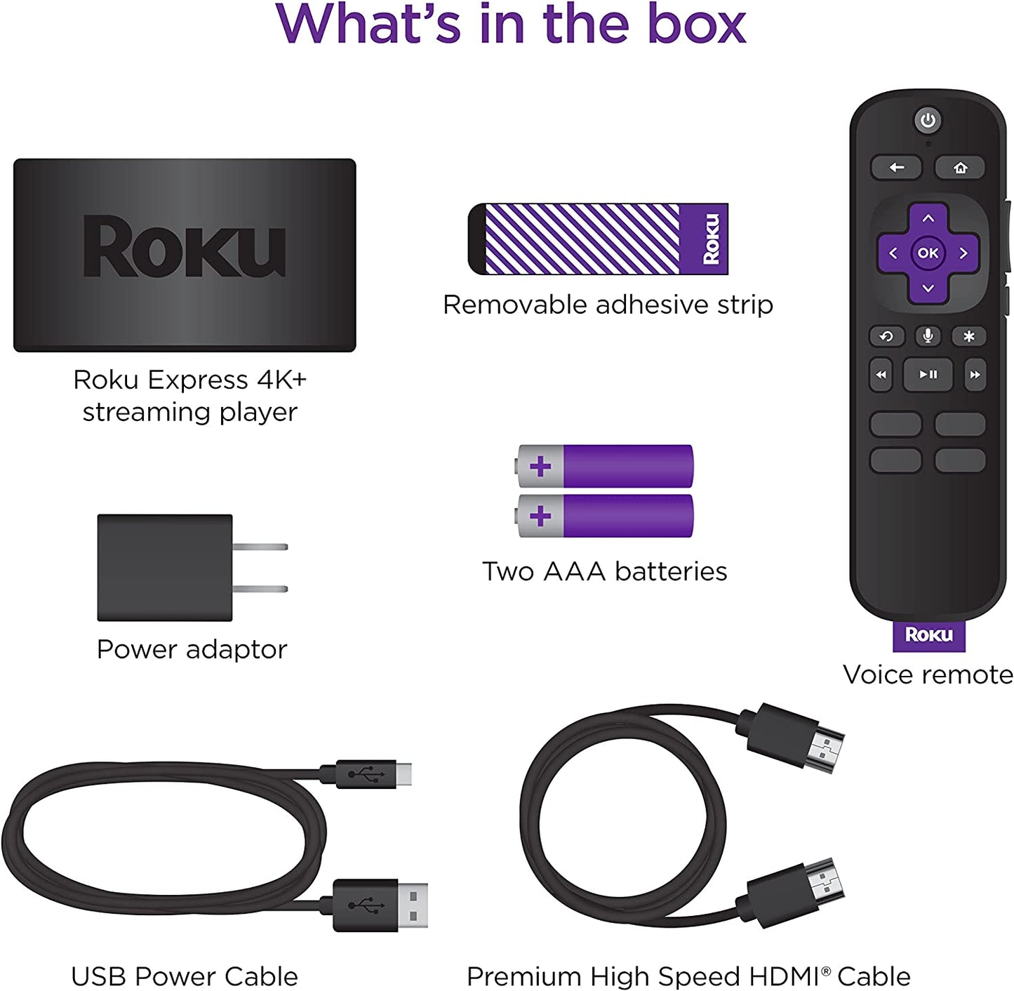 Roku Express 4K+ | Reproductor multimedia de transmisión HD/4K/HDR con transmisión inalámbrica suave y control remoto de voz Roku con controles de TV
